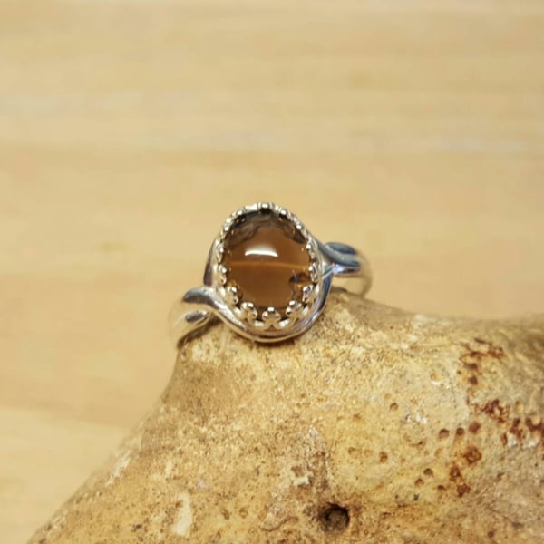 Oval Smoky Quartz adjustable ring. 925 sterling silver rings for women