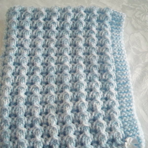 Beautiful hand knitted Blue and White chunky baby blanket MADE TO ORDER
