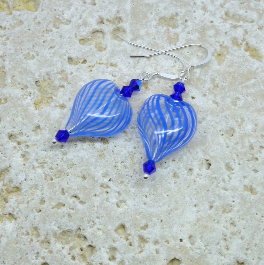 Blue blown glass heart earrings