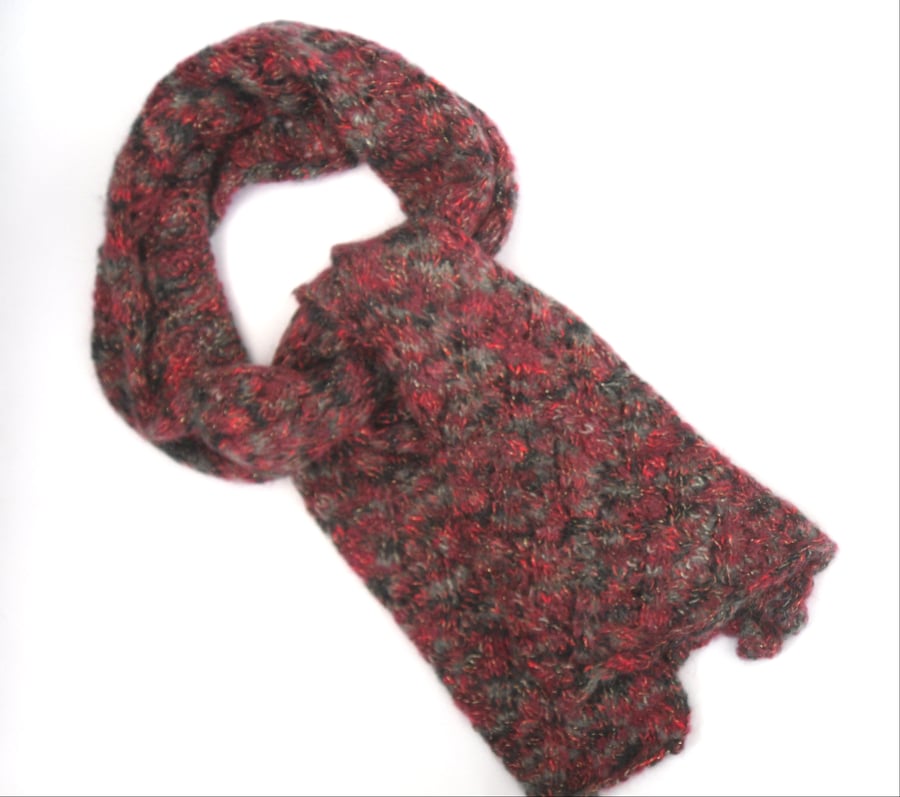 Black Red sparkly hand knit scarf , half price sale