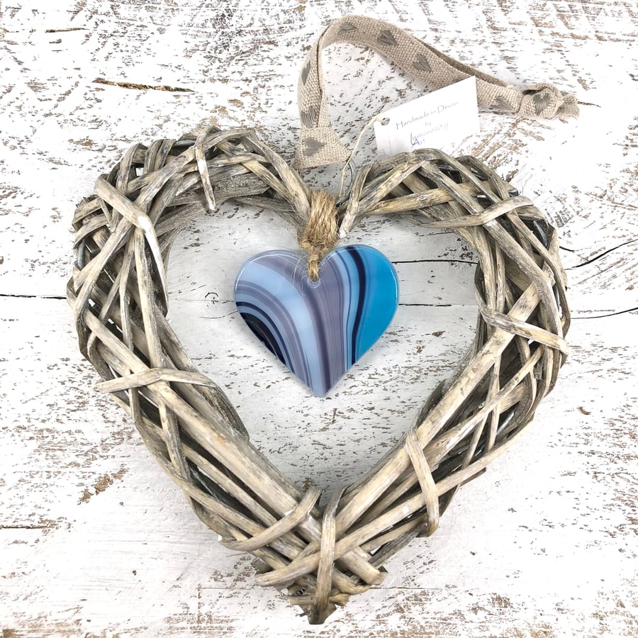 Fused Glass & Wicker Hanging Heart Blues with co-ordinating Ribbon