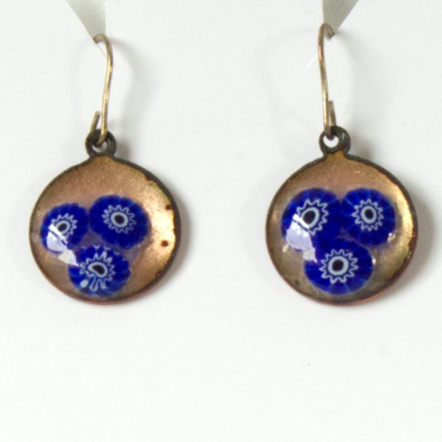  blue millefiore beads on clear enamel - earrings