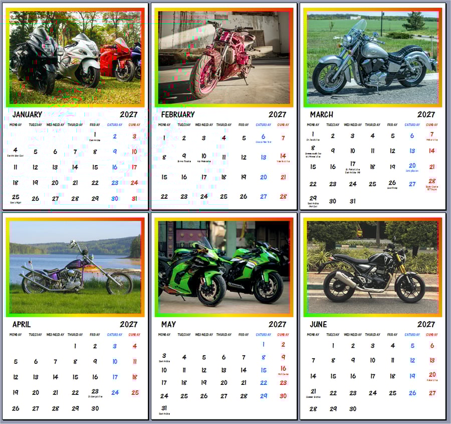 2027 Calendar Motorbikes A4 Page Per Month 