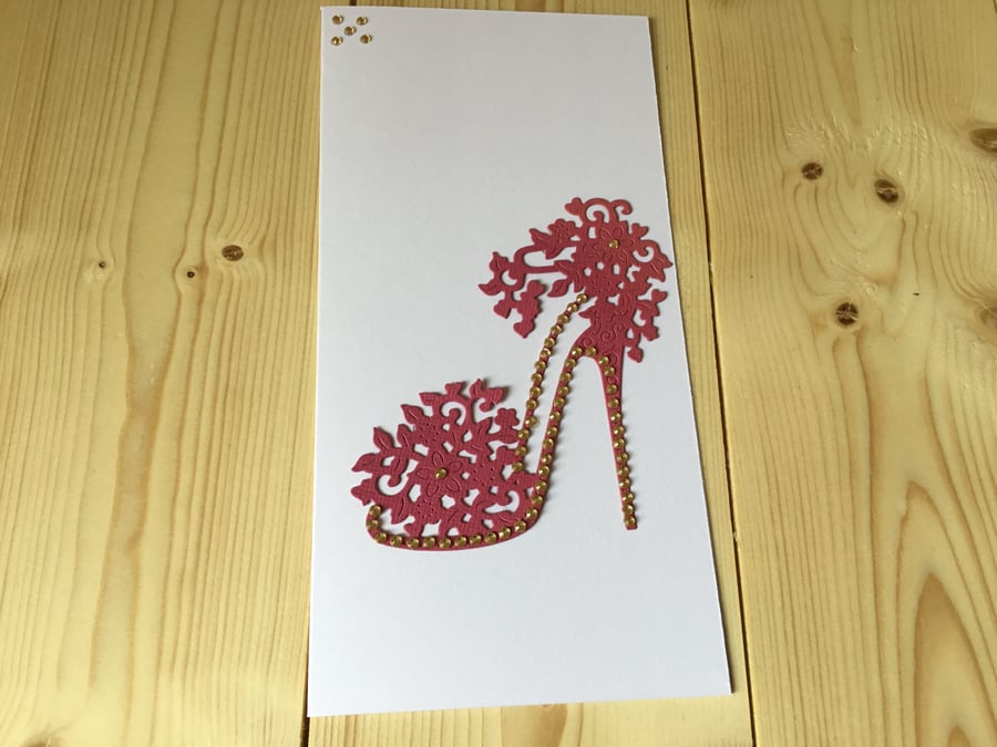 A glitz and glamour shoe card. CC224