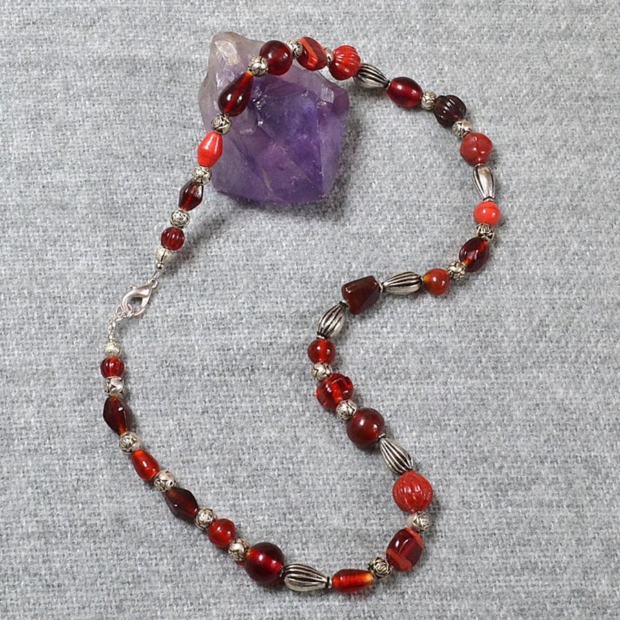 Mixed Red Glass and Decorative Metal Spacer Bead Necklace