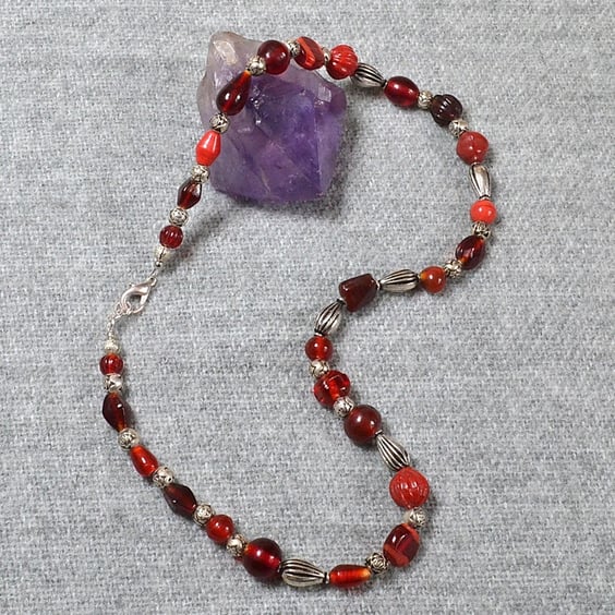 Mixed Red Glass and Decorative Metal Spacer Bead Necklace