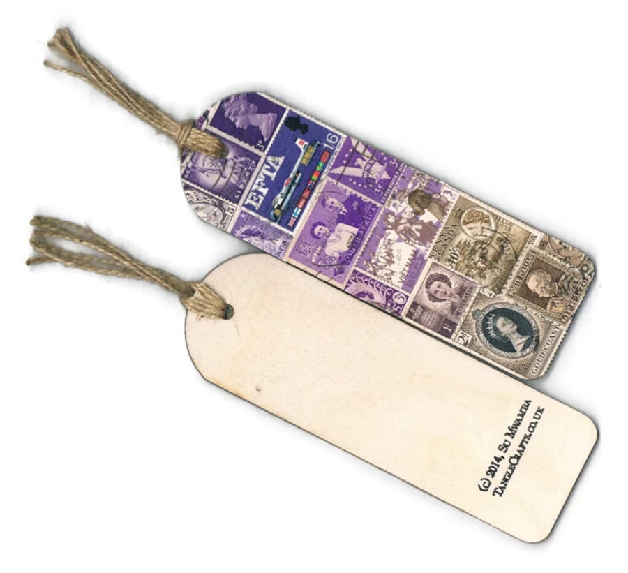 Purple-Brown Bookmark - Upcycled Postage Stamp Collage, OOAK Wooden Bookmark