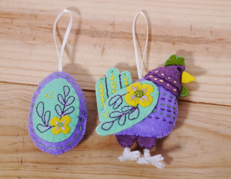 Hen and Egg hand embroidered felt Easter Decorations, purple and mint