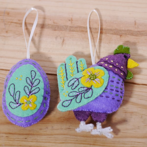 Hen and Egg hand embroidered felt Easter Decorations, purple and mint