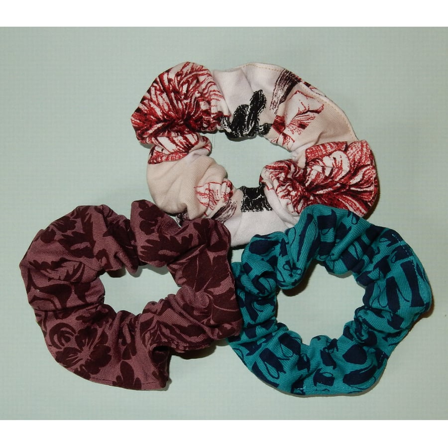 Soft jersey scrunchies - turquoise, burgundy and cream