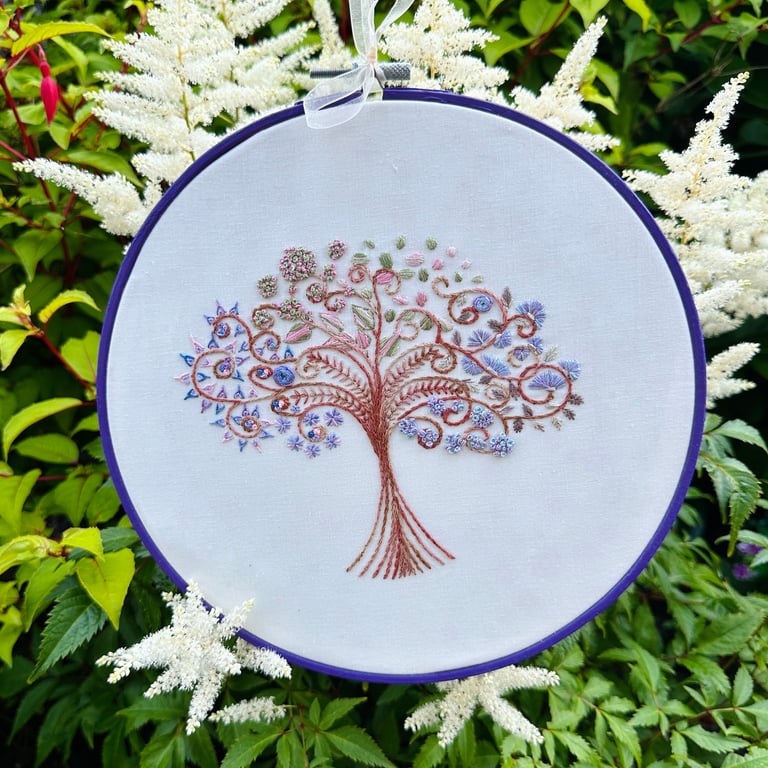 Embroidery hoop, wall hanging Abstract floral tree in a matching purple hoop 