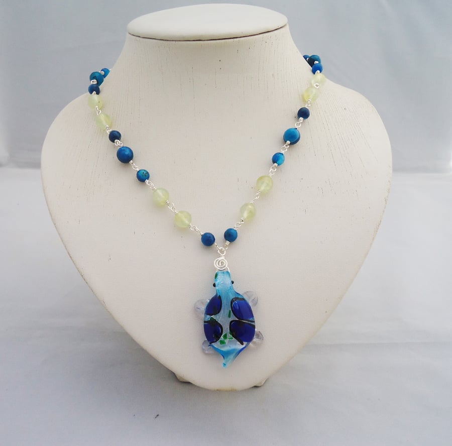 Agate Necklace with Glass Turtle Pendant, Blue and Green Necklace, Glass Turtle 