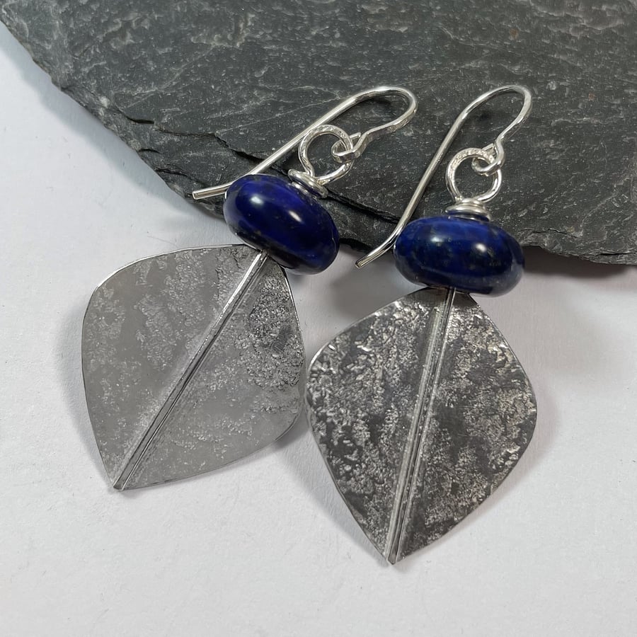 Large silver and lapis lazuli leaf spear earrings