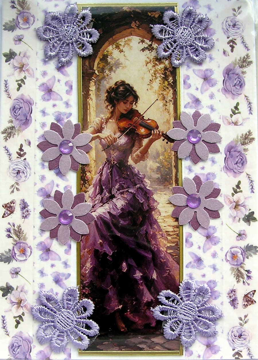 Violin Playing Girl - Hand Crafted Decoupage Greeting Card - Blank 3418