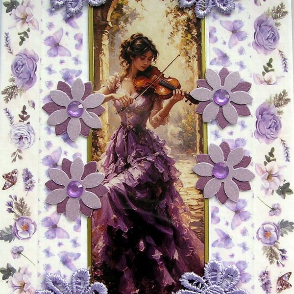 Violin Playing Girl - Hand Crafted Decoupage Greeting Card - Blank 3418