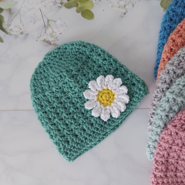 Sage Green Newborn Crochet Baby Daisy Beanie Hat, Ready to Post 
