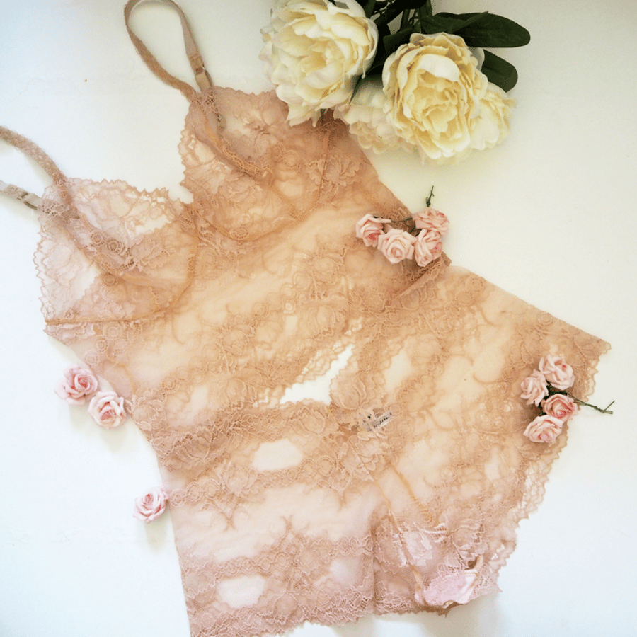 Soft blush semi sheer bralette and French knickers set