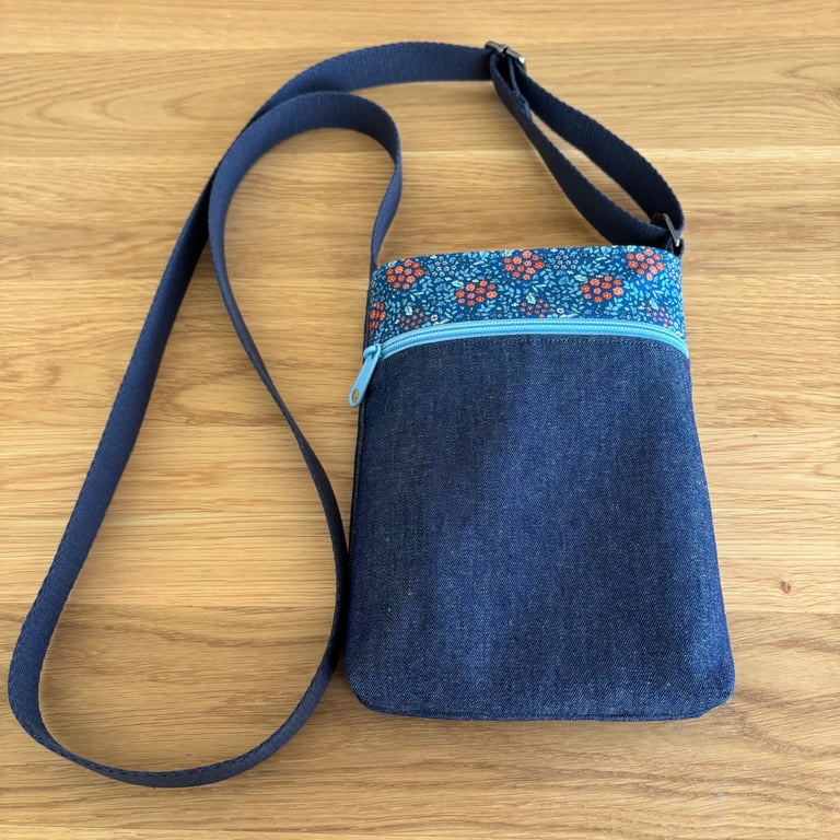Fabric crossbody bag, phone bag, dark blue denim with an adjustable strap