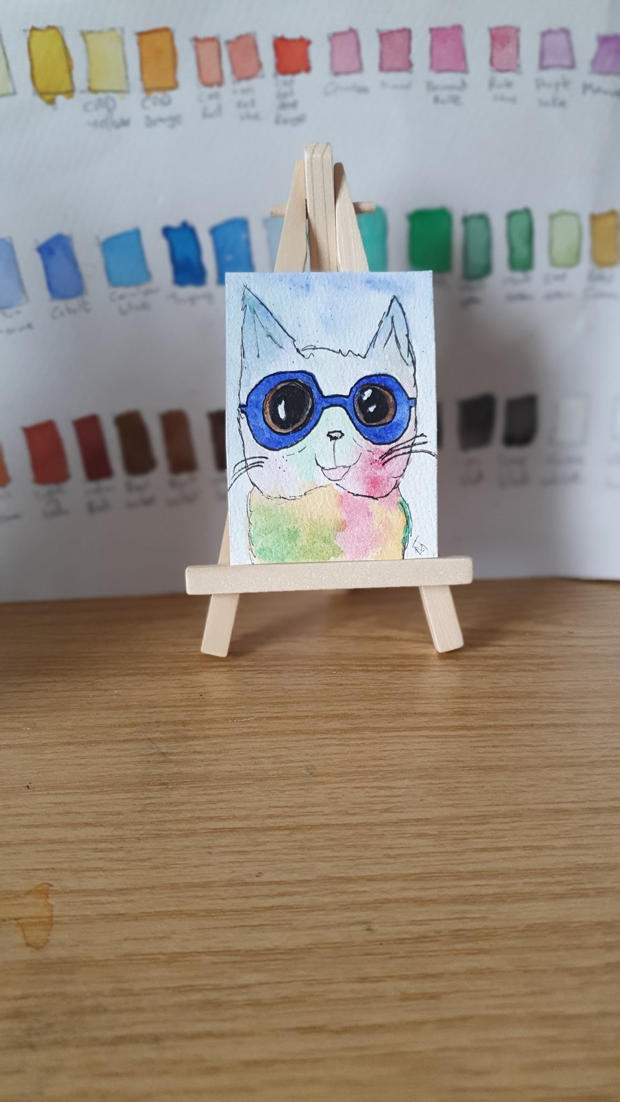 Cat with blue glasses ATC card miniature art approx 3.5" x 2.5 inches tiny art
