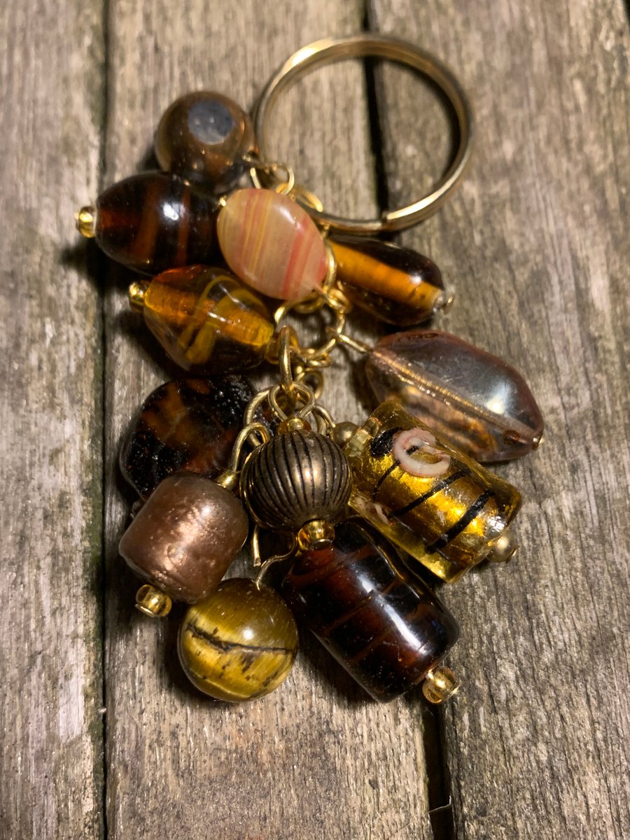 Brown and gold glass bead gold keyring