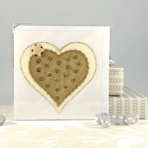 Golden wedding anniversary card - golden heart sequins textile card 50th wedding