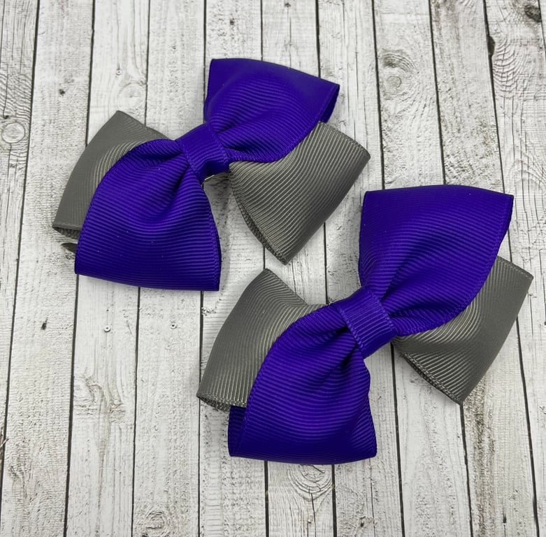 Purple and Grey Diagonal Double with Bows on Clips (pair)