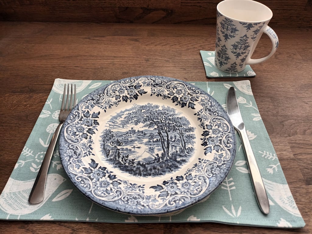 Seafoam Blue Placemat. Bird, Floral Scandi Style. Free Delivery