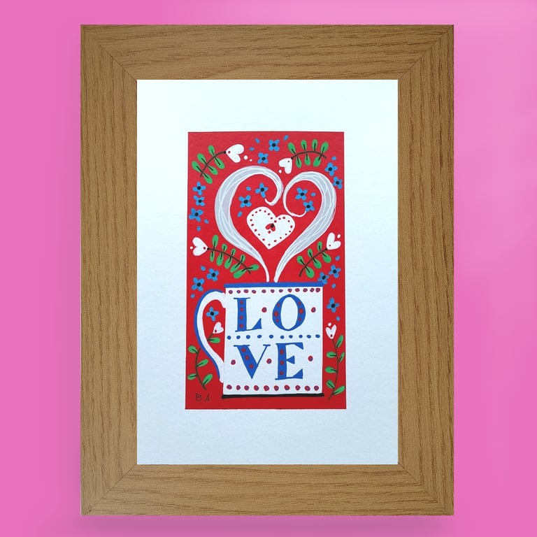 White love mug folk art painting, heart colourful framed A5 original artwork