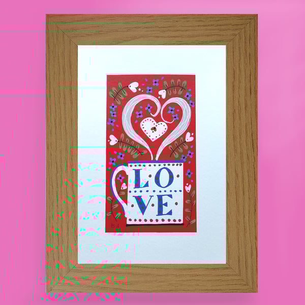 White love mug folk art painting, heart colourful framed A5 original artwork