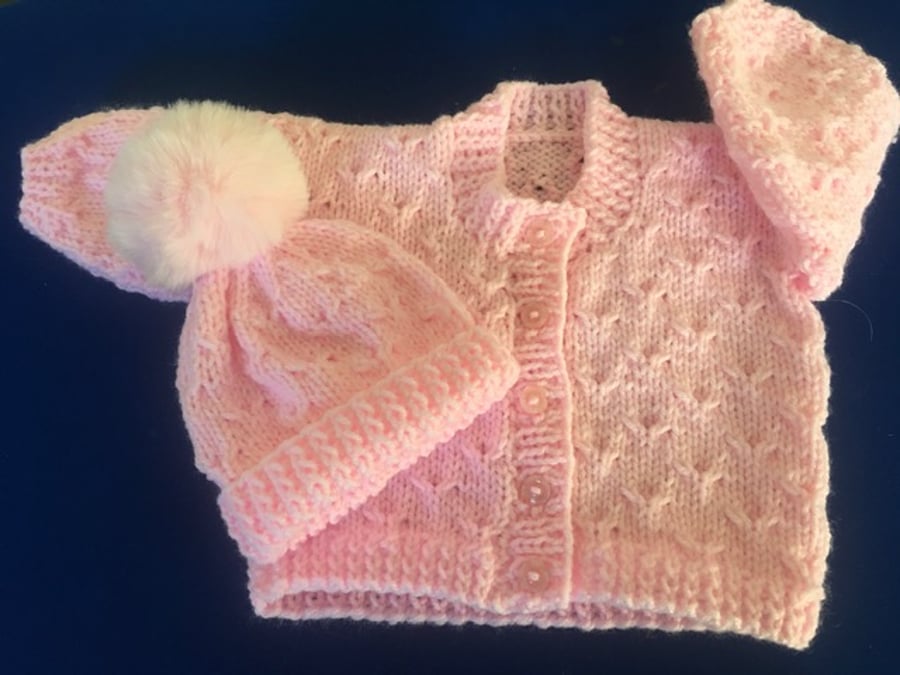 Newborn Pink cardigan & matching hat