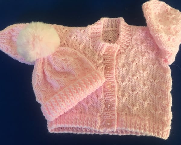 Newborn Pink cardigan & matching hat