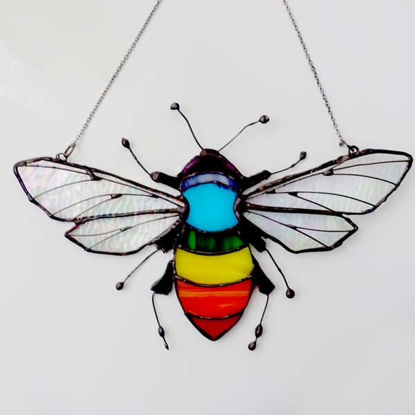 Stained Glass Pastel Rainbow Queen Bumble Bee Suncatcher Hanging Ornament