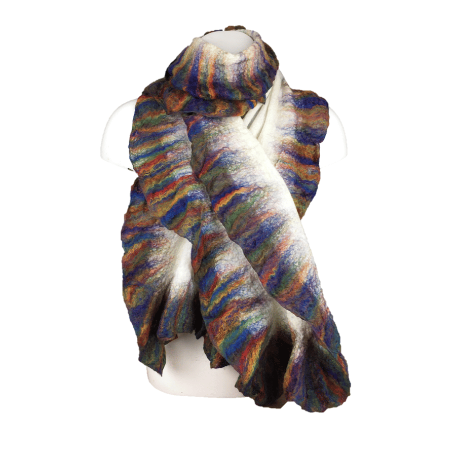 Scarf, nuno felted white merino wool on silk with multicoloured ruffle border