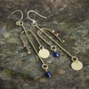 Very Long Brass Mismatched Statement Earrings with Lapis Lazuli Beads 