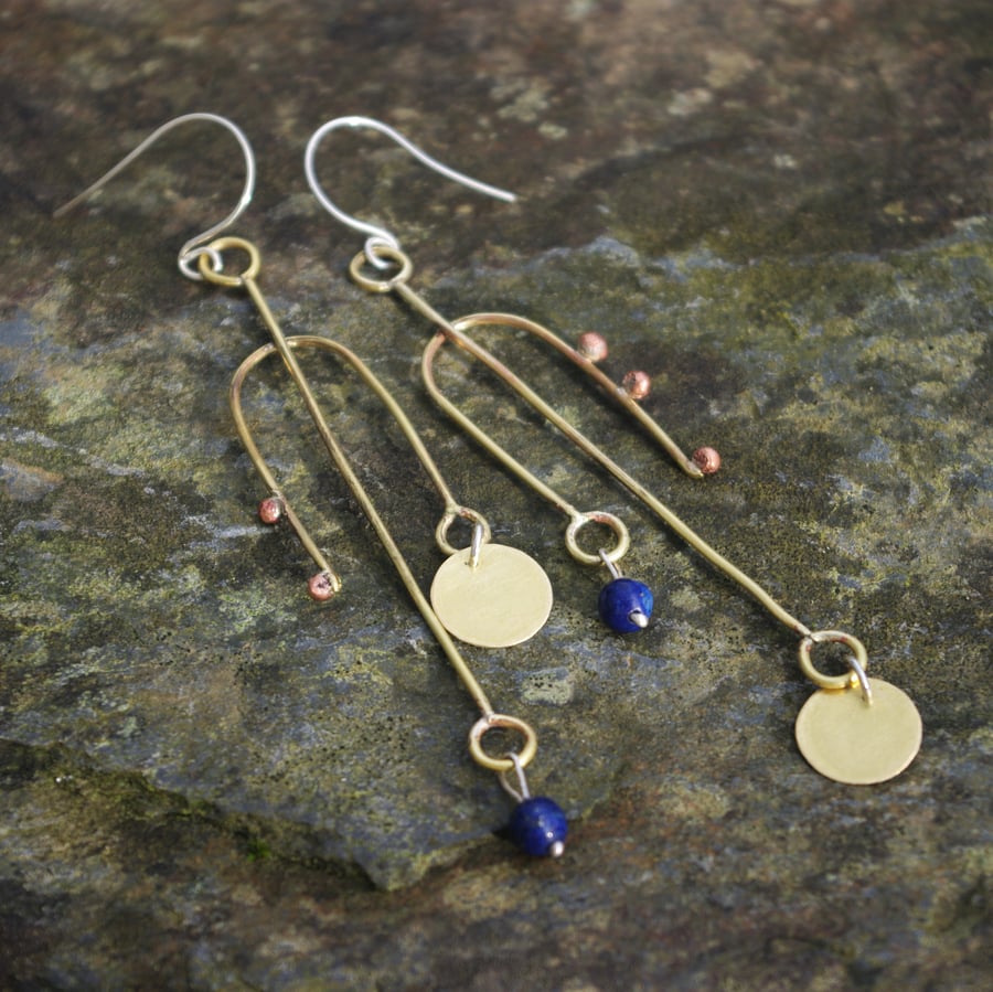 Very Long Brass Mismatched Statement Earrings with Lapis Lazuli Beads 