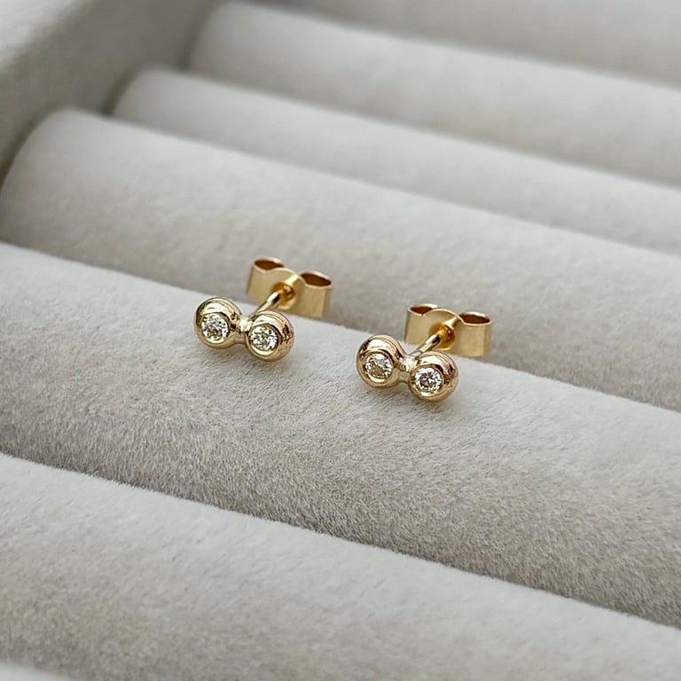 Handmade 9ct yellow gold tiny double nugget diamond stud earrings