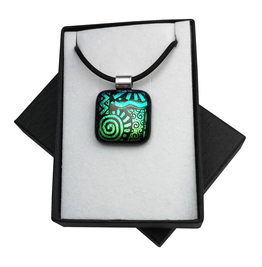 HANDMADE FUSED DICHROIC GLASS 'AZTEC' PENDANT.