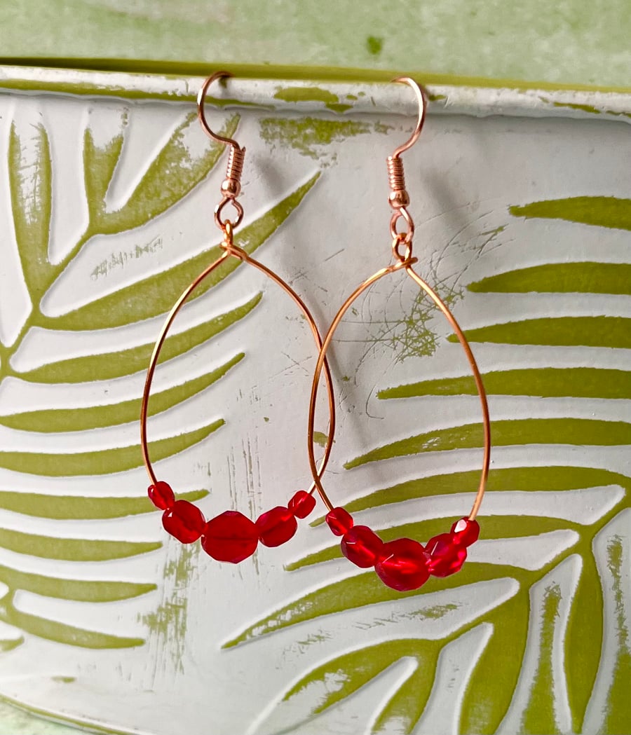 Large Oval Hoop Earrings - Red Faceted Glass - 40mm - Copper 