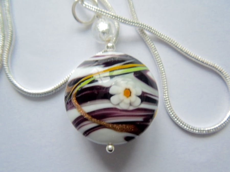 Murano glass black and white large lentil pendant with sterling silver.