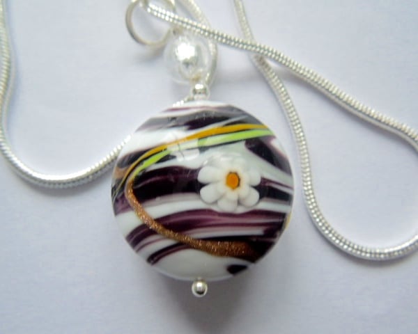 Murano glass black and white large lentil pendant with sterling silver.