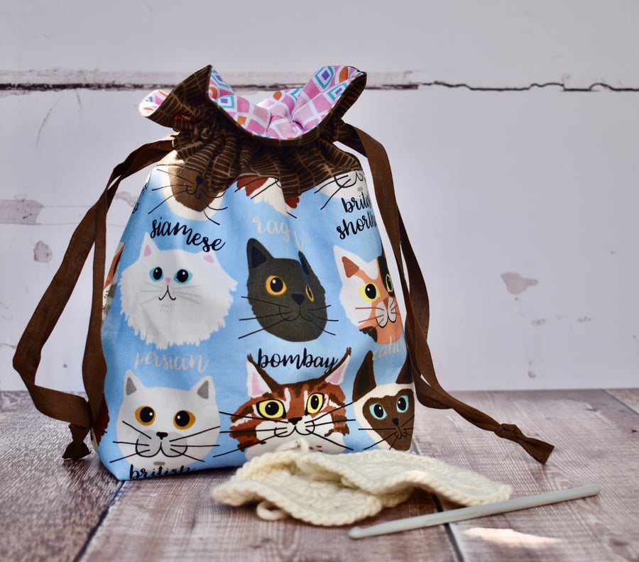 Cat fabric drawstring project bag - reserve for Orysia