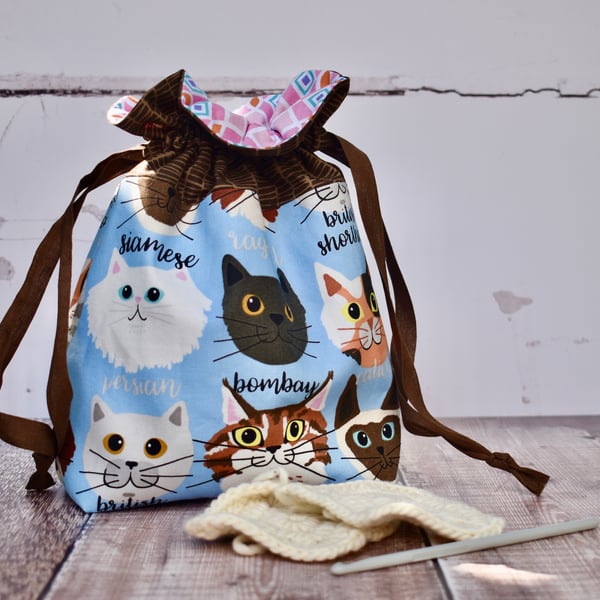 Cat fabric drawstring project bag - reserve for Orysia