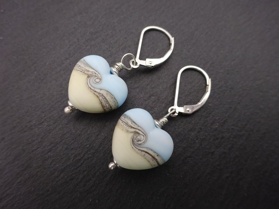lampwork glass blue and ivory beach heart earrings, lever back