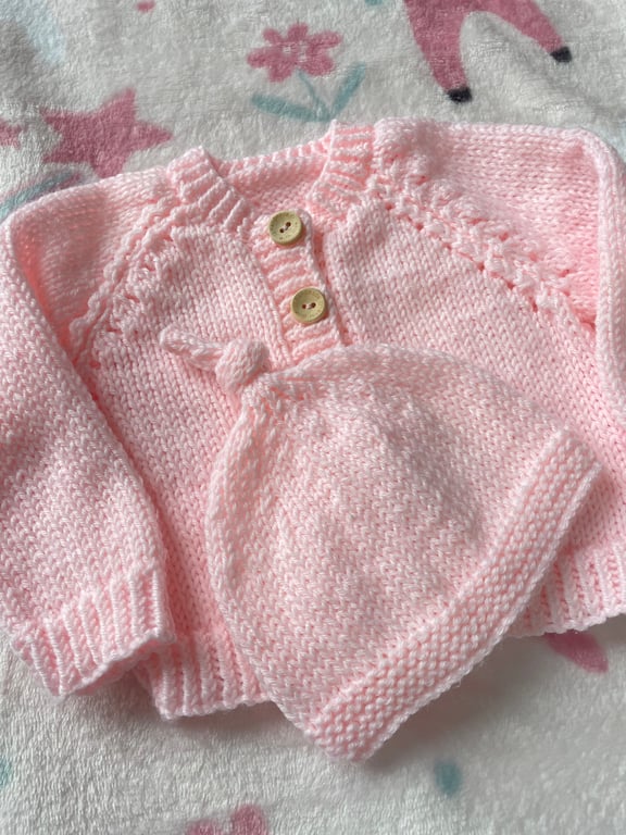 Pink baby cardigan and matching hat