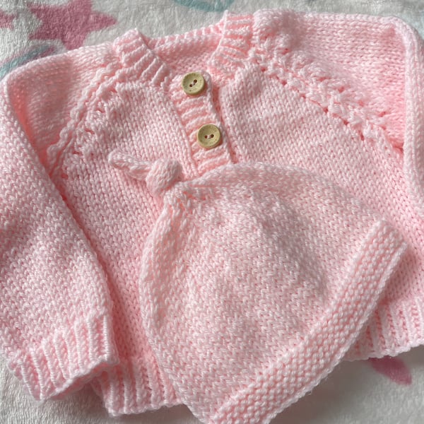 Pink baby cardigan and matching hat