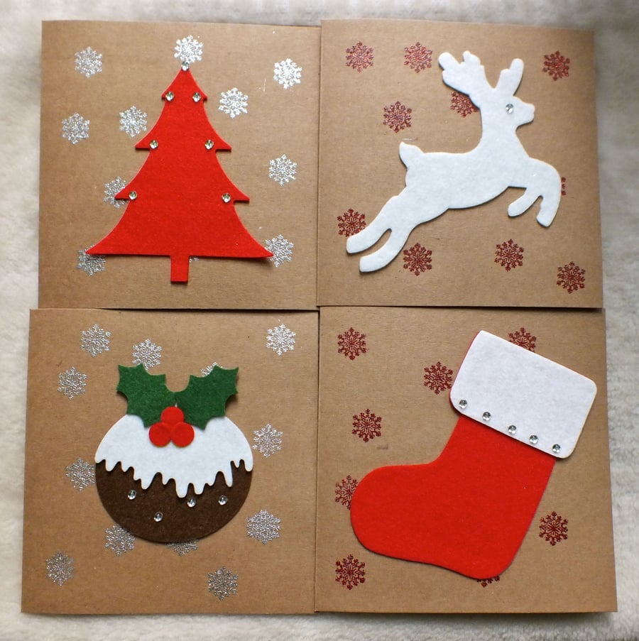 Handmade Pack of 4 Christmas Pudding, Leaping Reindeer, Stocking and Tree Cards