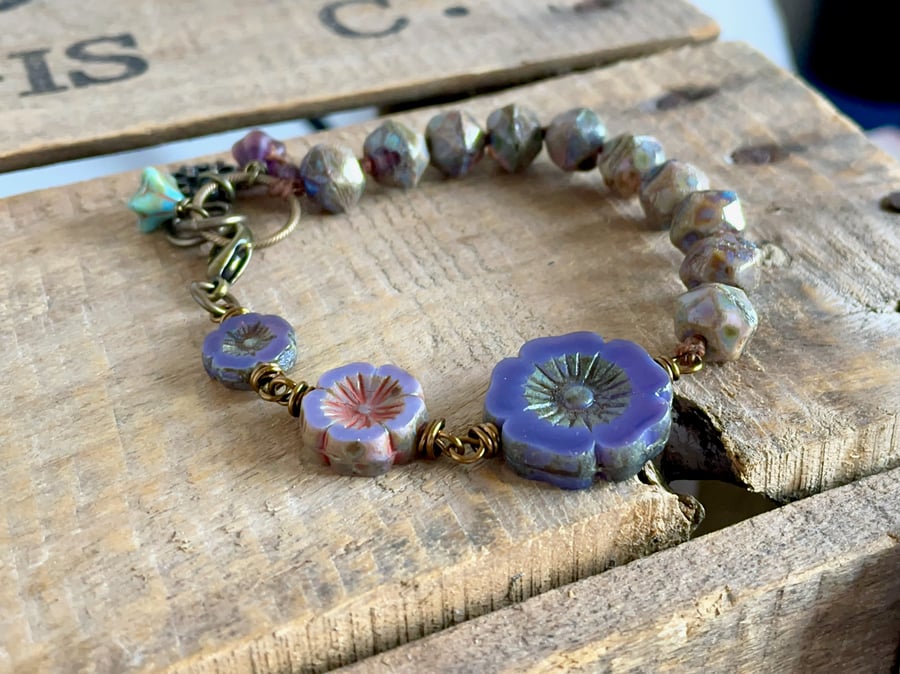 Purple Czech Glass Flower Bracelet. Bohemian Style Knotted Glass Bead Bracelet