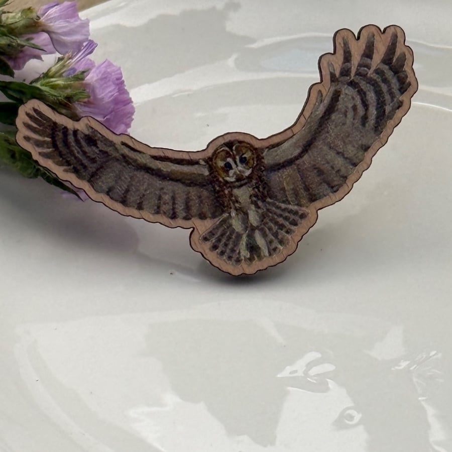 Tawny Owl Laser Cut Wooden Pin Badge