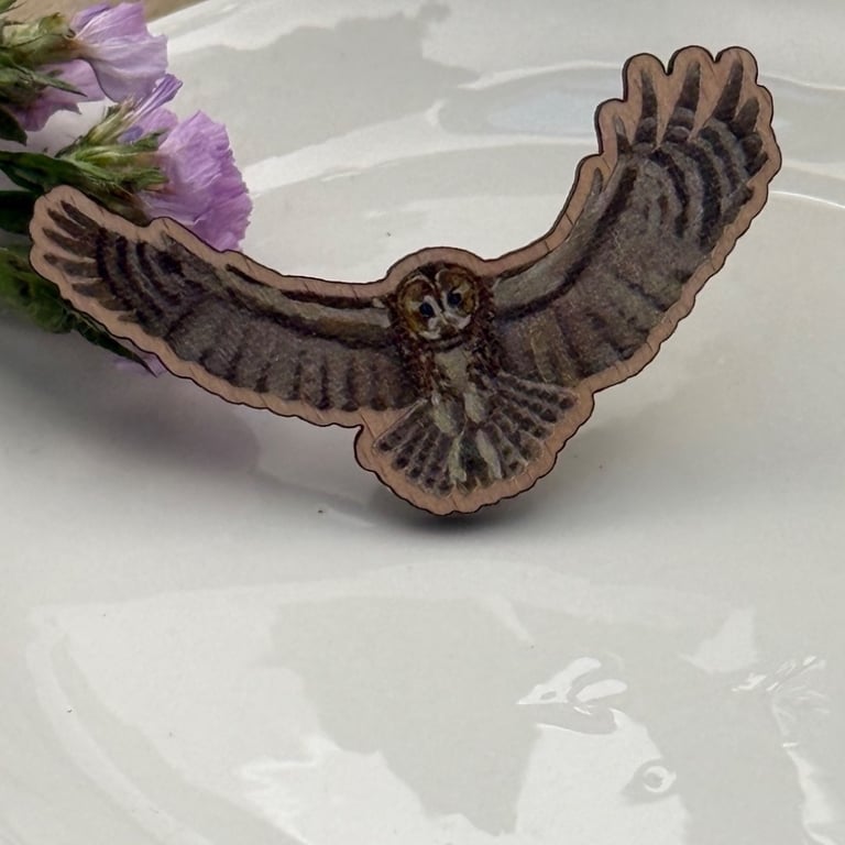 Tawny Owl Laser Cut Wooden Pin Badge
