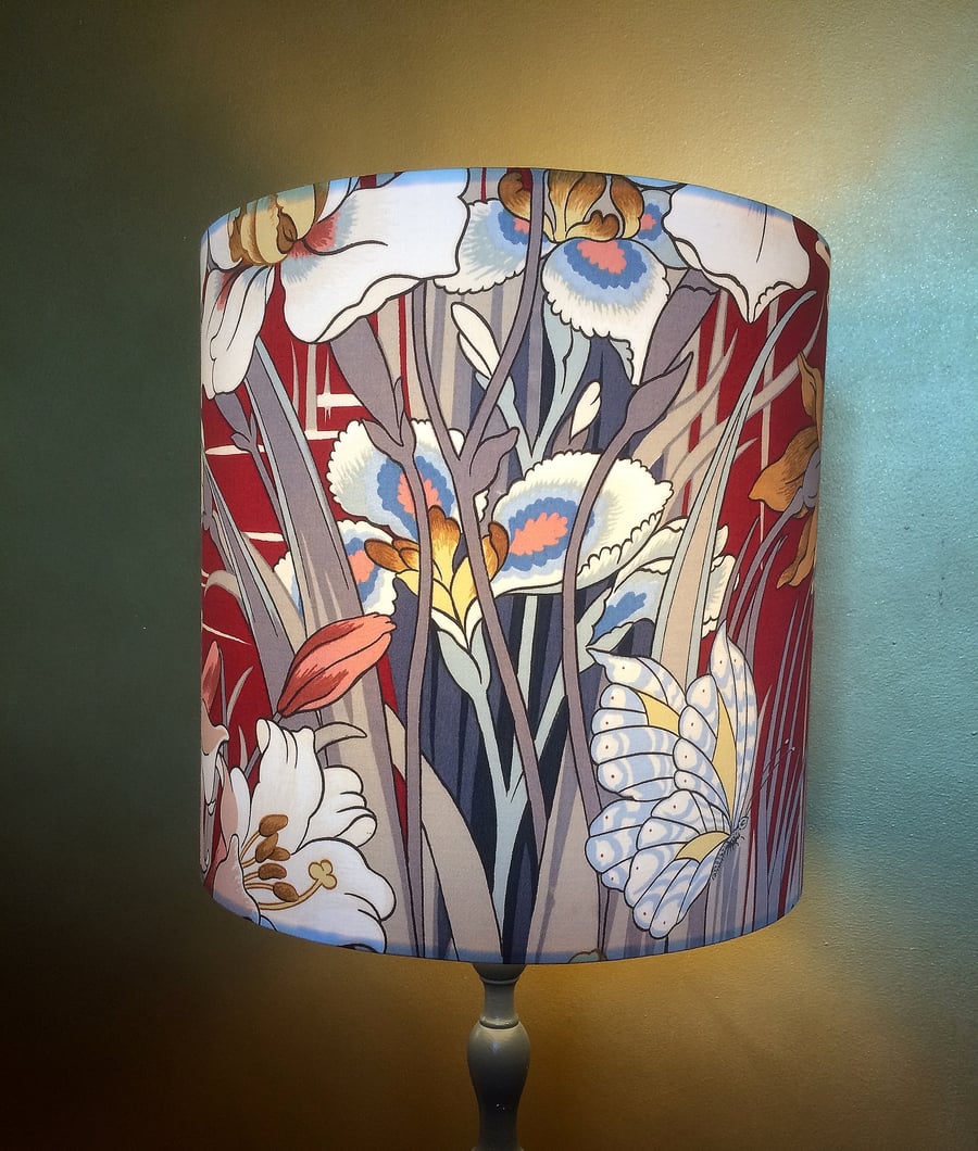 Gorgeous RED Art Nouveau Style Iris and Butterfly Vintage Fabric Lampshade